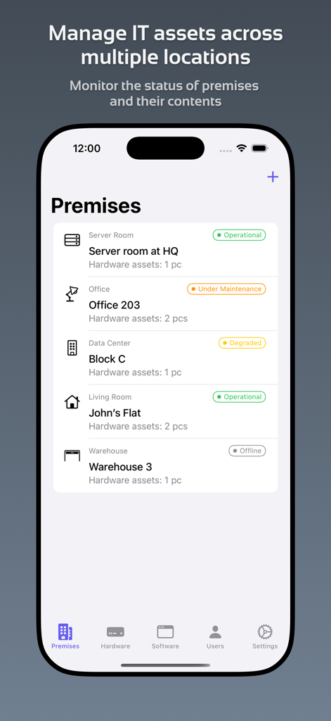 A screenshot of the IT Asset Tracker app displaying various tracked premises like server rooms and offices with their current operational status.