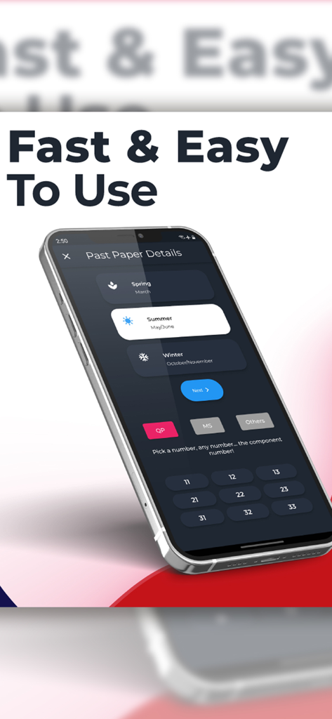 Interface of the Papa Cambridge app for choosing exam series and past paper components.