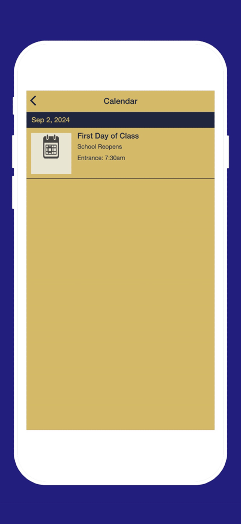 Immaculate Conception High - Calendar screen in the school app showing the first day of class event