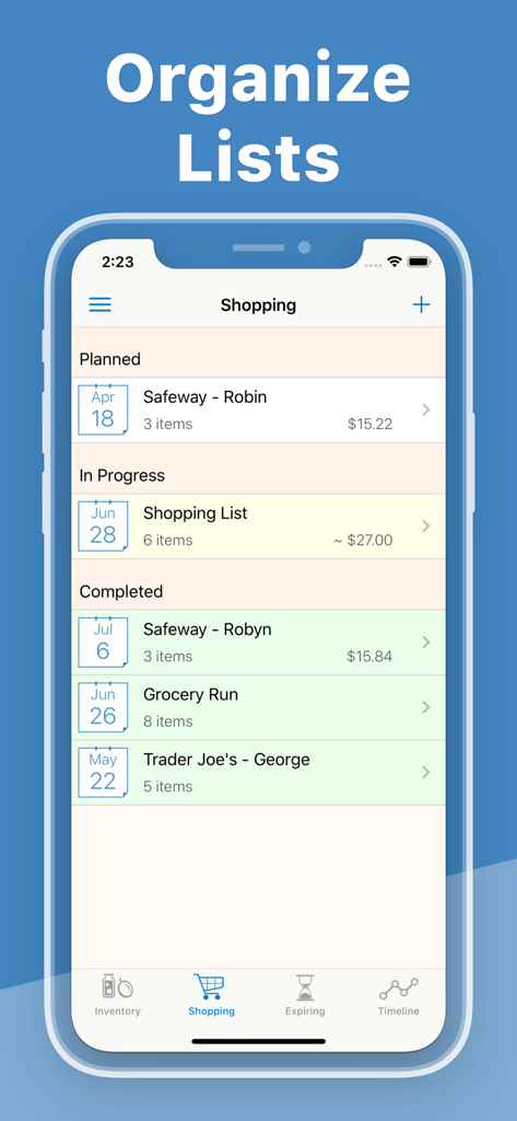 A screen showing organized grocery shopping lists categorized by planned, in progress, and completed status.