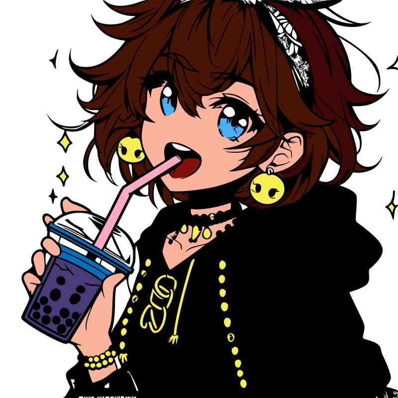 hot baddie anime girl drinking boba and biting the straw