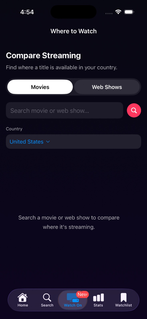 Interface for searching movie and TV show availability across streaming platforms in the US