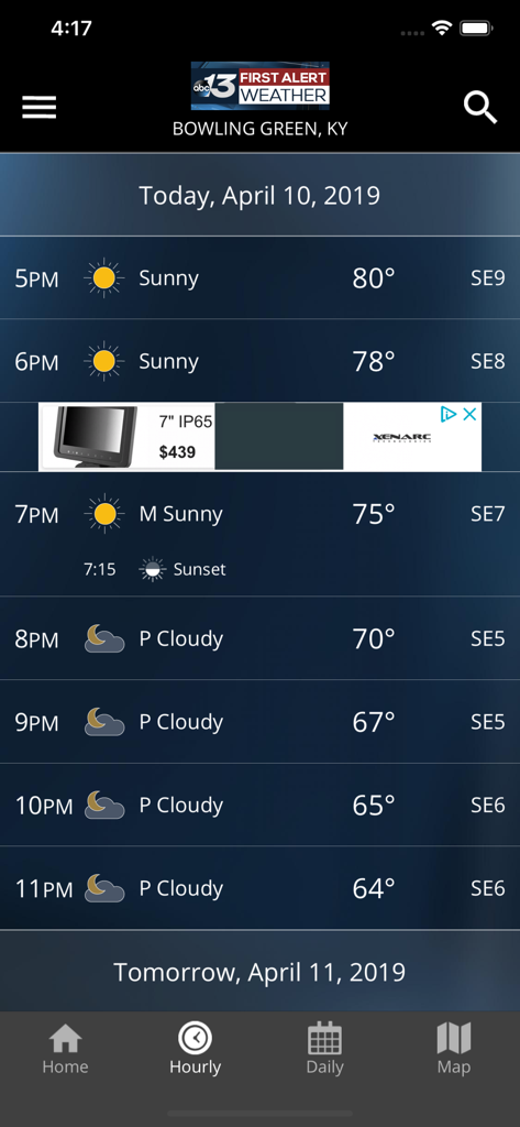Hourly weather forecast for Bowling Green Kentucky showing temperatures and conditions in the WBKO First Alert Weather app