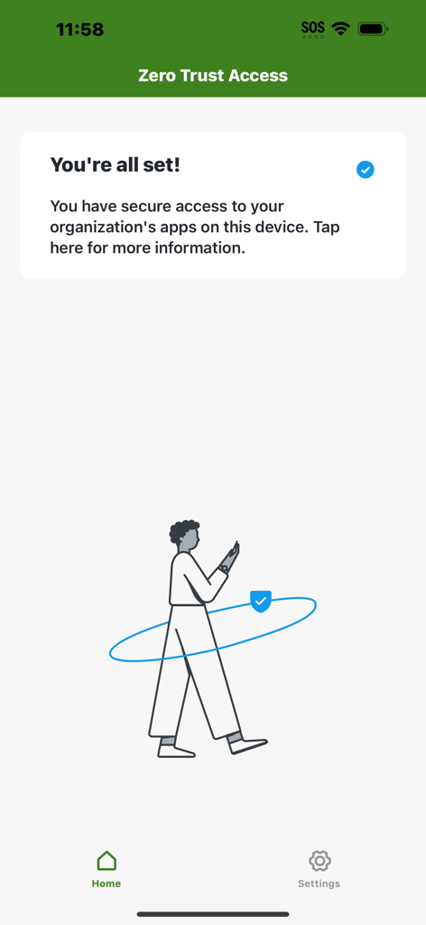 Écran d'accueil de l'application Cisco Zero Trust Access indiquant que l'utilisateur a un accès sécurisé aux applications de l'organisation
