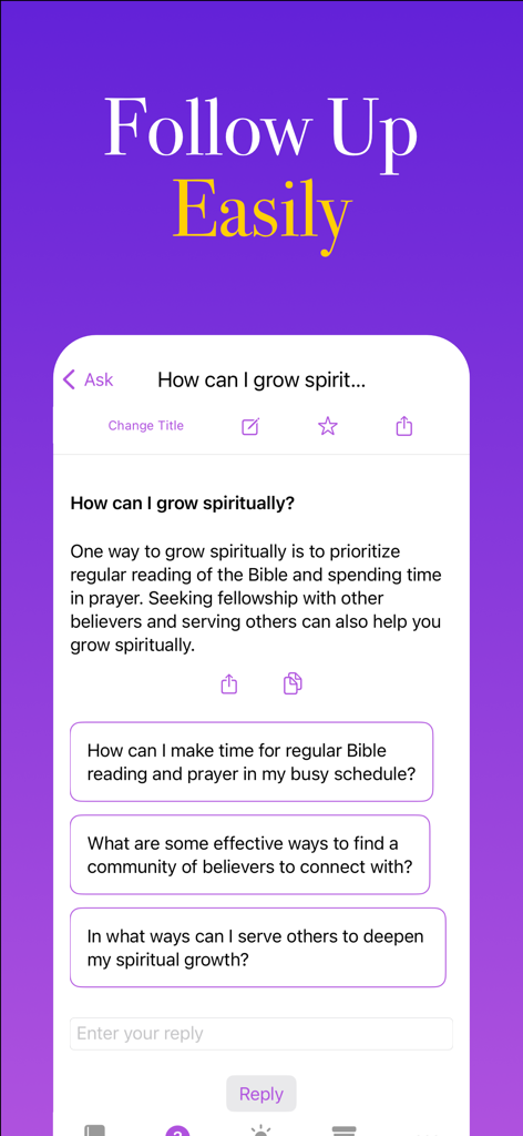 Bible Ace: AI Bible Study - Interfaz de chat de IA en la aplicación Bible Ace que muestra una discusión sobre el crecimiento espiritual con preguntas de seguimiento sugeridas.