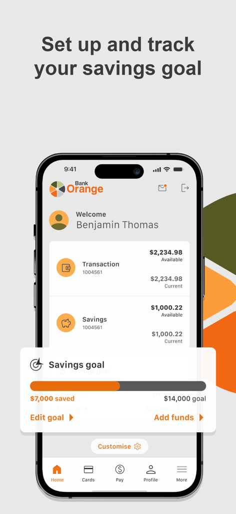 Bank Orange - Schermata dell'app mobile Bank Orange che mostra la barra di avanzamento degli obiettivi di risparmio e i saldi dei conti.