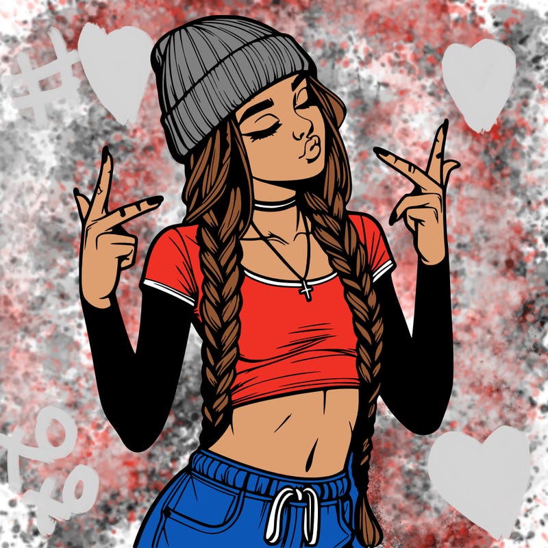 realistic teenage girl with braids and a beanie and crop top doing 🫶🏼