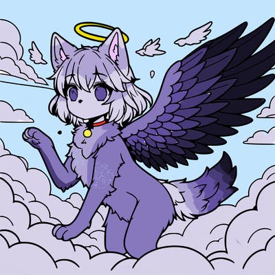 anime style angel wolf with halo and wings in the sky