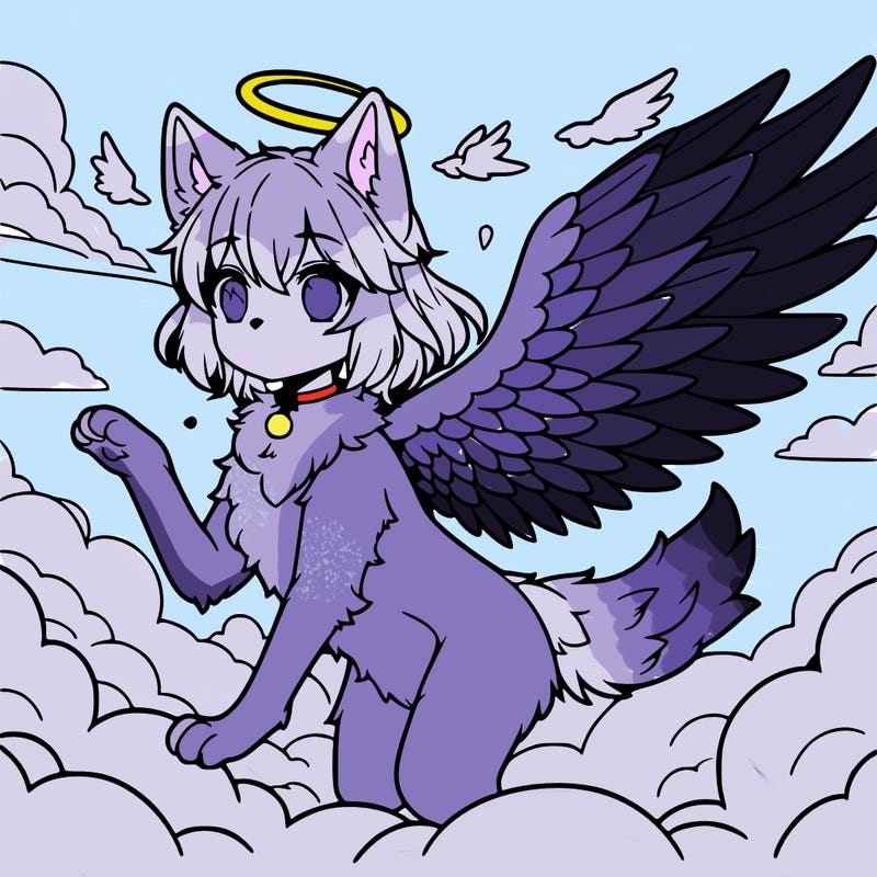 anime style angel wolf with halo and wings in the sky