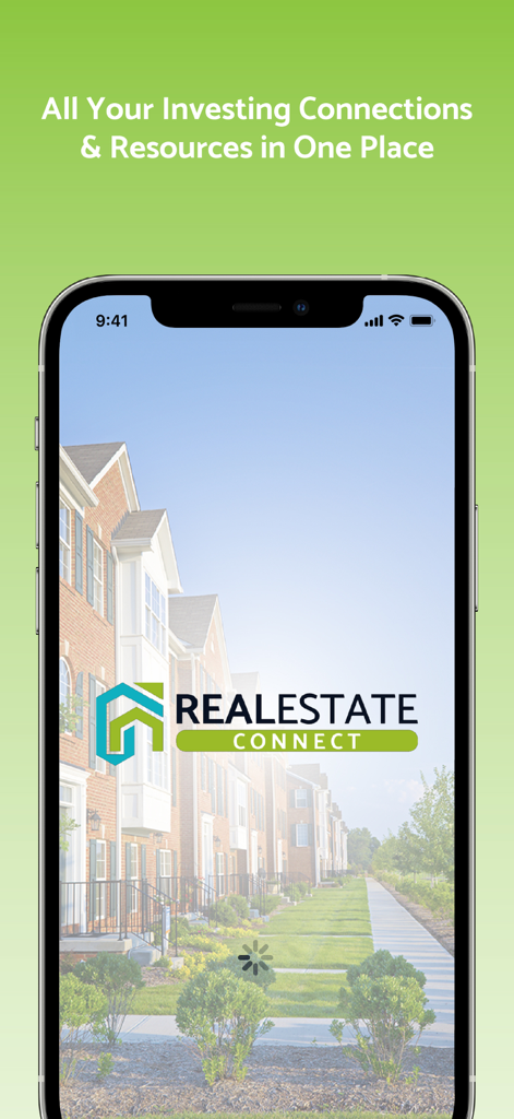 Real Estate Investor Connect app splash screen showing the logo over a background of townhouses