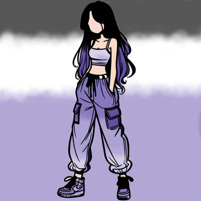 girl in baggy pants crop top and long hair