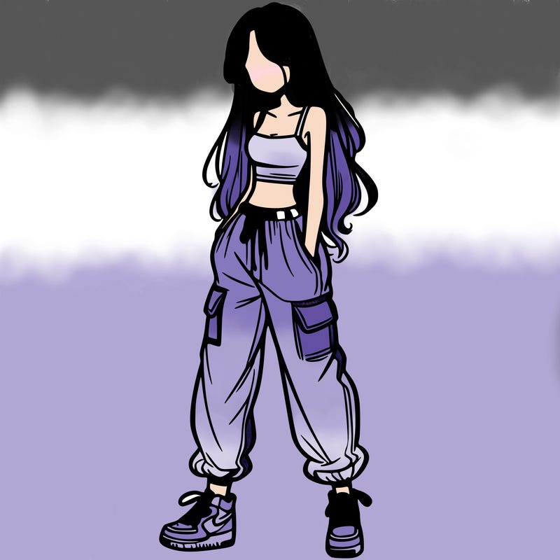 girl in baggy pants crop top and long hair