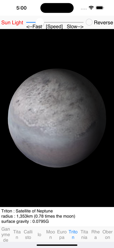 Satellite Rotation - A 3D educational model of Neptune moon Triton with radius and gravity data in the Satellite Rotation app