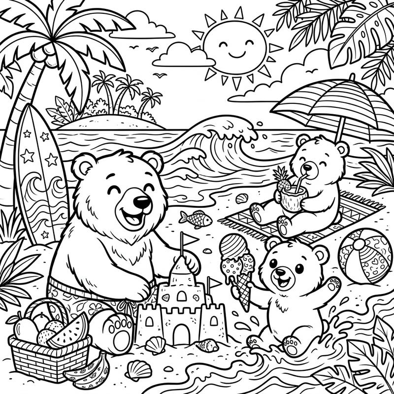 Dive into a delightful summer scene with our Kodiak bear family enjoying a sun-drenched beach vacation. This charming coloring page is perfect for kids to bring to life with their favorite colors.