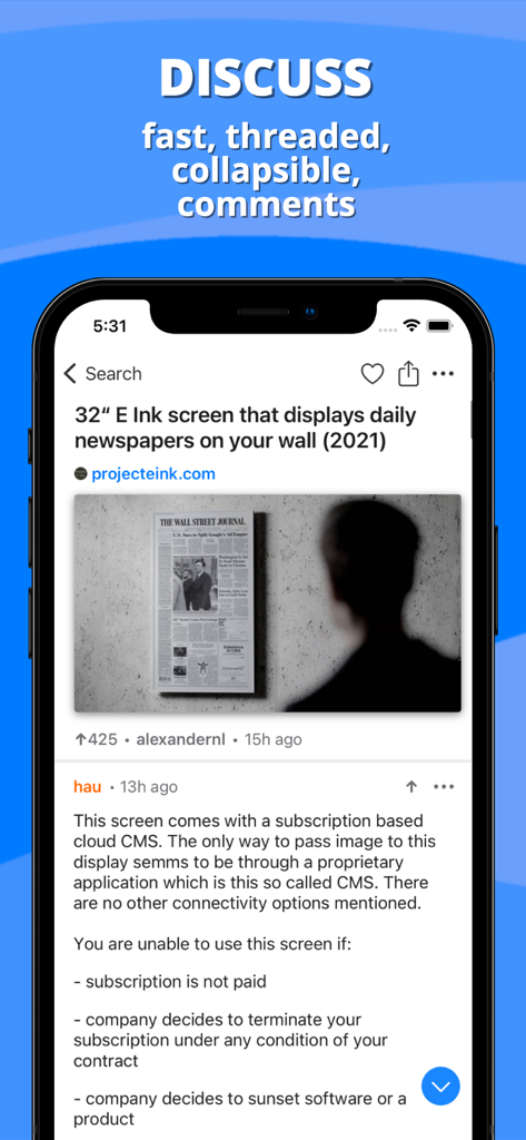 Interface de l'application Octal montrant des commentaires enfilés et repliables sur un article d'actualité technologique concernant un écran E Ink.