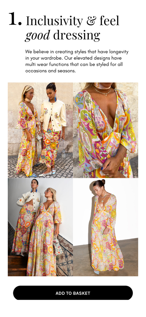 Never Fully Dressed - Diverse models wearing vibrant patterned dresses from the Never Fully Dressed collection promoting feel good dressing.