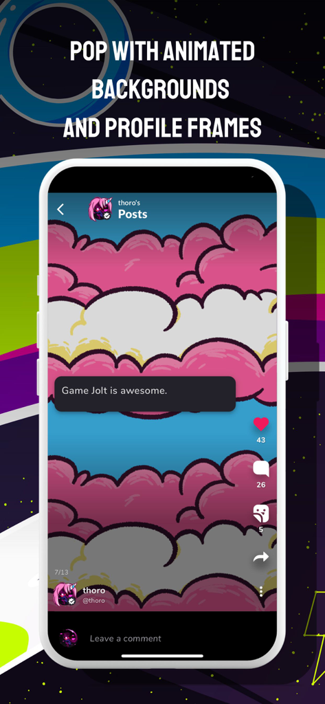 Game Jolt Social - Smartphone screen showcasing a user post on Game Jolt with a vibrant pink and yellow cloud animated background and profile customization features.