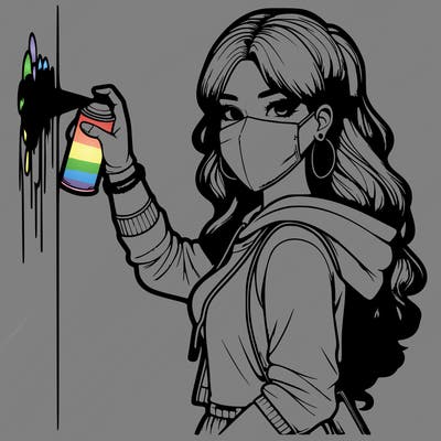 realistic girl with mask spray painting a wall