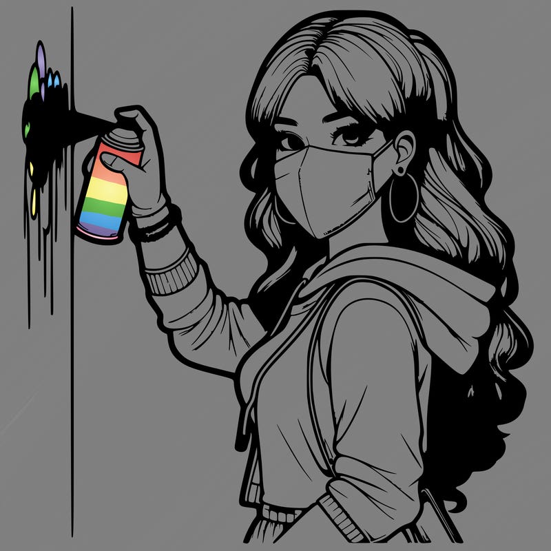 realistic girl with mask spray painting a wall