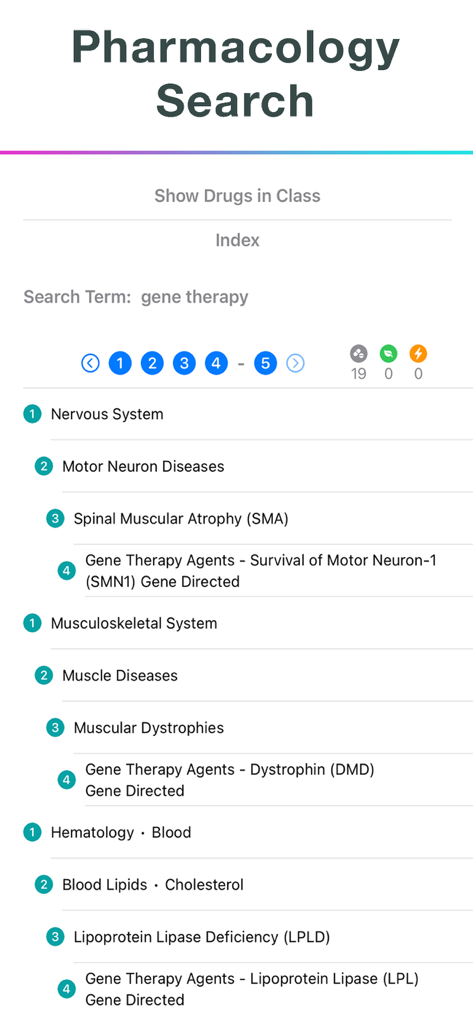 Pharmacodex - Captura de pantalla de la aplicación Pharmacodex que muestra los resultados de búsqueda de farmacología para agentes de terapia génica categorizados por sistemas médicos