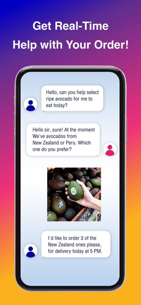 Villa Market - Screenshot der Echtzeit-Chat-Funktion der Villa Market App, der einen Kunden und einen persönlichen Einkäufer zeigt, die die Auswahl von Avocados besprechen