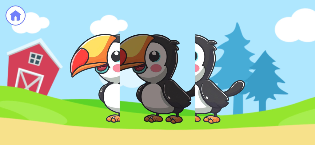 Jogo interativo de quebra-cabeça deslizante de pássaro tucano de desenho animado para desenvolvimento de fala e linguagem infantil