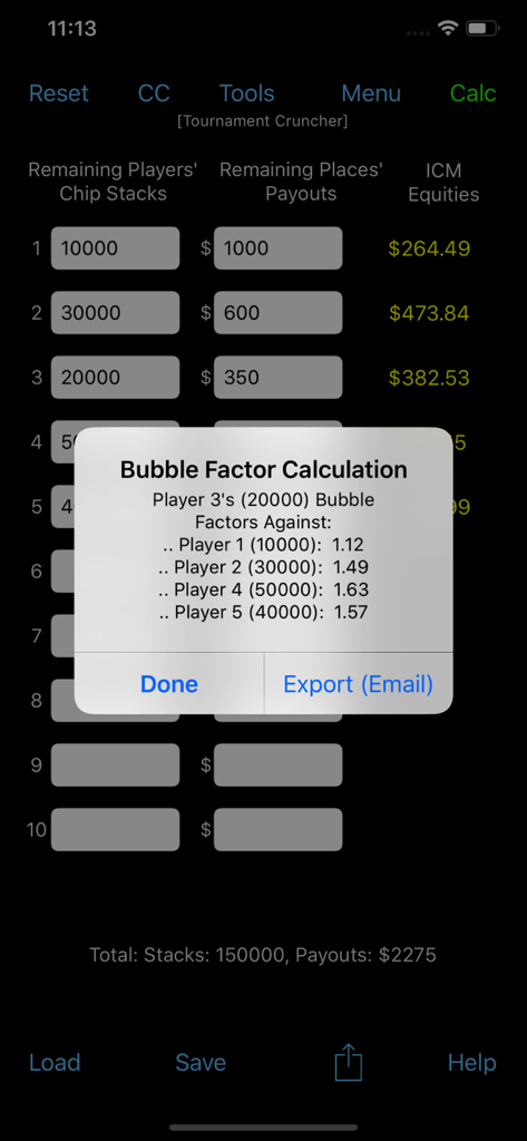 Tournament Cruncher (ICM) - Bubble Factor Calculation results displayed on the Tournament Cruncher ICM poker app
