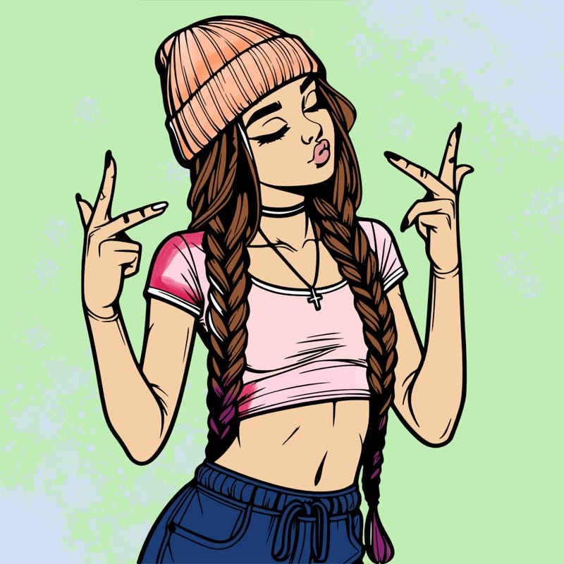 realistic teenage girl with braids and a beanie and crop top doing 🫶🏼