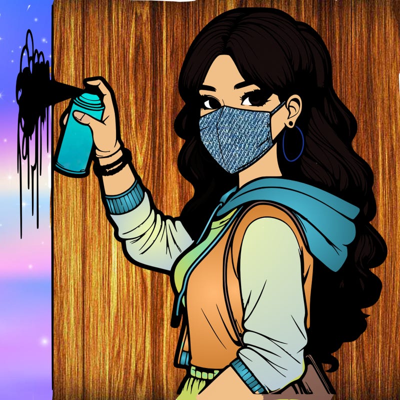 realistic girl with mask spray painting a wall