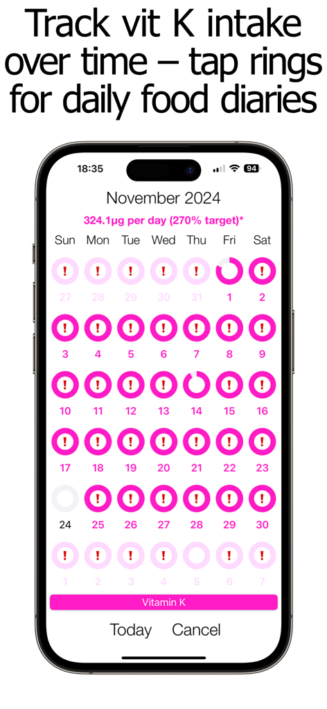 Vitamin K Counter & Tracker - Monthly calendar view showing Vitamin K intake tracking with pink status rings