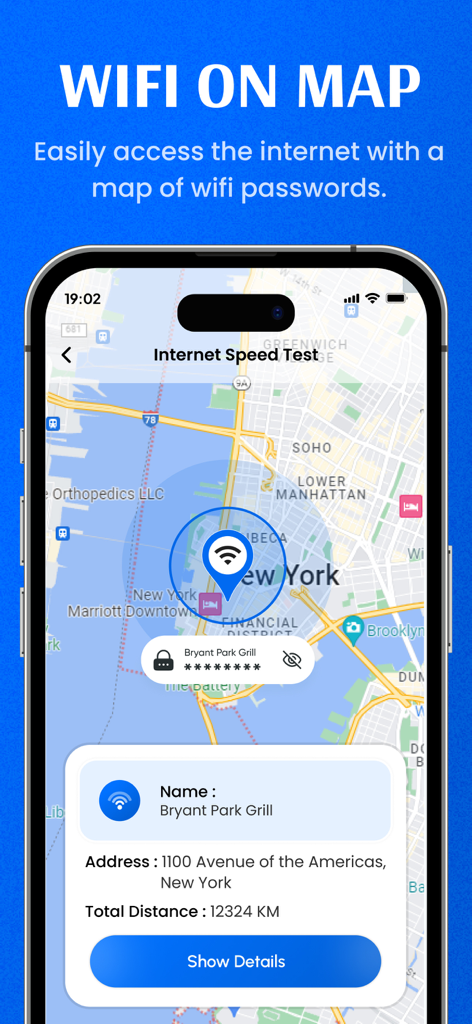 WiFi Password Map Wifi Hotspot - Interface of the WiFi Password Map app showing hotspot locations and details in New York