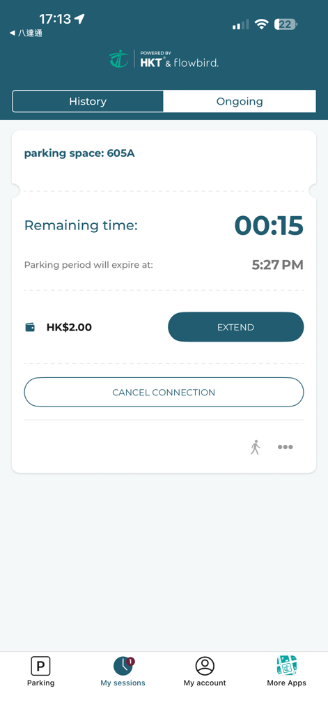 HKeMeter - HKeMeter app interface displaying an ongoing parking session with a countdown timer and extend button