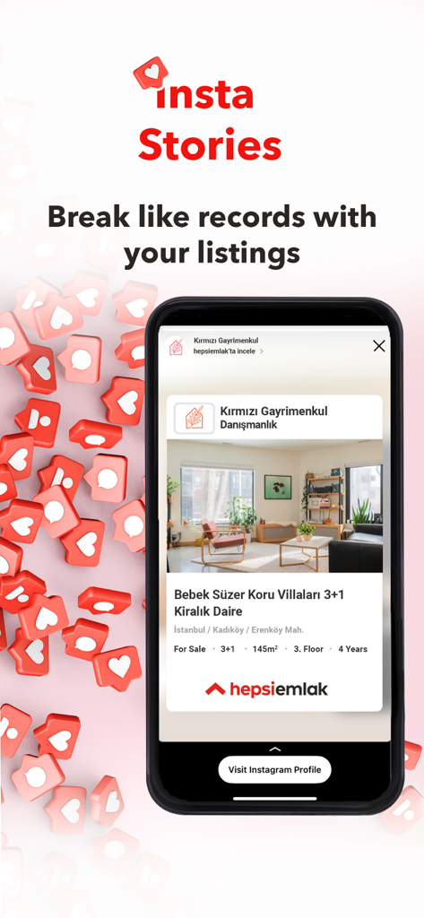 Hepsiemlak – Property Listings - Tela do aplicativo Hepsiemlak exibindo um recurso de integração de Stories do Instagram para listagens de imóveis