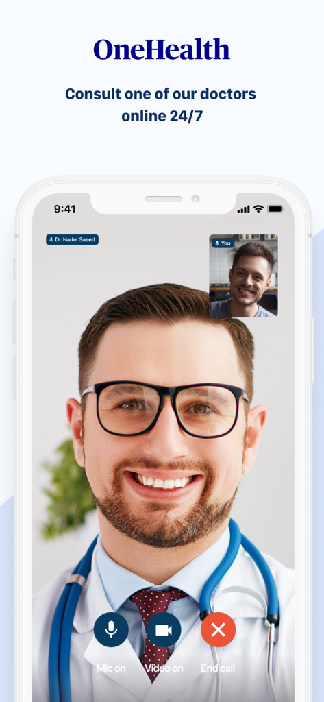 OneHealthメディカルセンターアプリでの24時間年中無休のオンラインビデオ相談のためのモバイルインターフェイス。