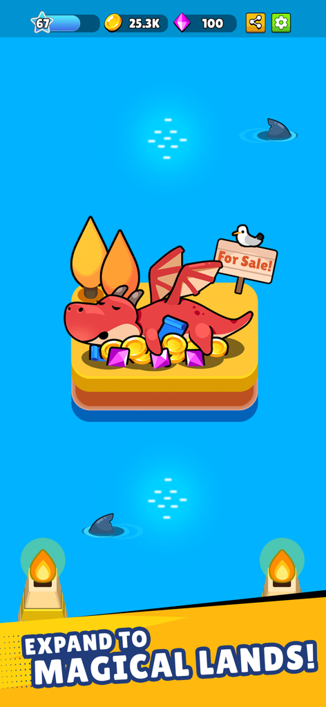 A red dragon sleeping on a pile of gold and gems on a new island plot with a for sale sign in Pocket Land