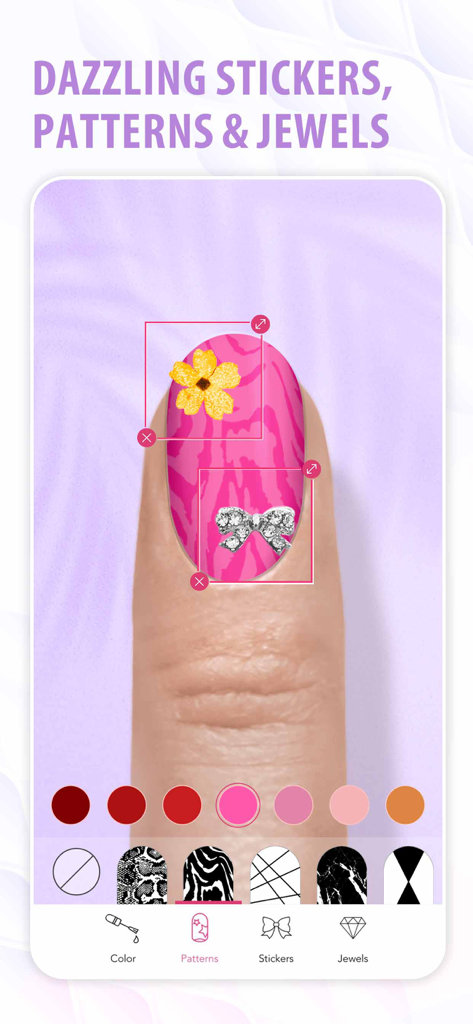 YouCam Nails app interface showing a pink patterned nail decorated with a yellow flower sticker and a diamond bow jewel.