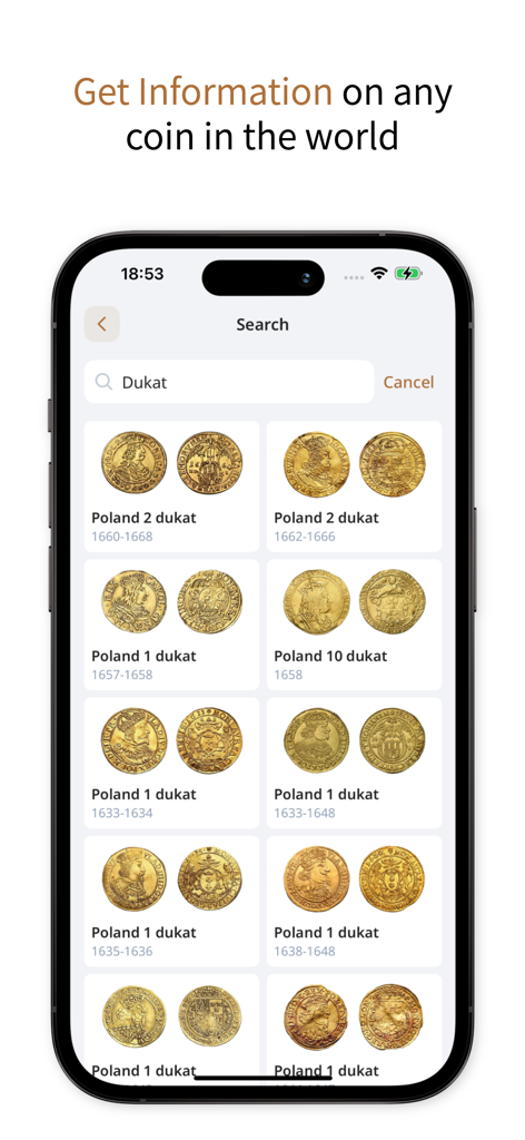 ScanCoin: identify & check - ScanCoin mobile app interface showing search results for historical Polish dukat coins
