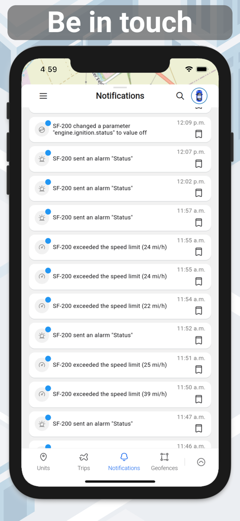 Forguard - Security app - A smartphone screen showing the notifications list in the Forguard app with vehicle alerts and speed limit warnings.