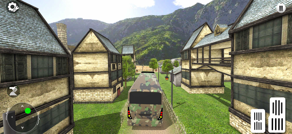 A camouflaged military bus driving through a mountain village in a simulation game