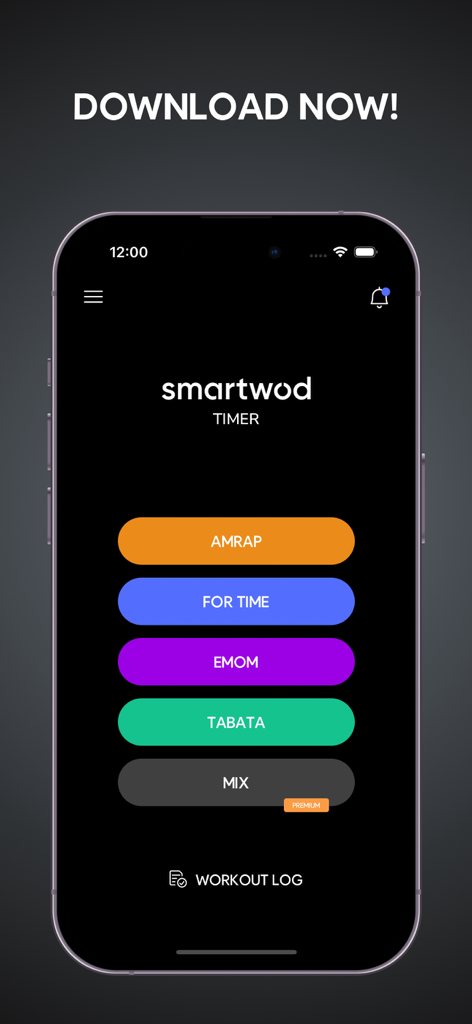 SmartWOD Timer - WOD Clock - Interfaccia dell'app mobile SmartWOD Timer che mostra modalità di allenamento tra cui AMRAP EMOM e Tabata