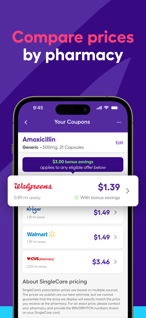 SingleCare Rx Pharmacy Coupons - Interfaz de la aplicación SingleCare que muestra una comparación de precios de Amoxicilina en diferentes farmacias, incluidas Walgreens y Walmart.