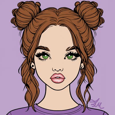 realistic girl with two buns in hair and lips