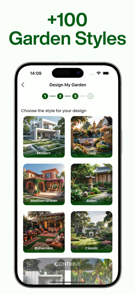 AI Garden Design: Landscape - Interface of the AI Garden Design app showing various landscape styles to choose from including Modern Mediterranean and Bohemian.