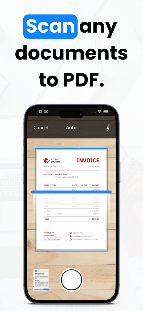 Pantalla de smartphone mostrando la aplicación iPrint escaneando una factura para crear un documento PDF