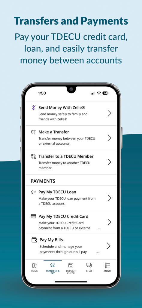 TDECU Digital Banking - TDECU Digital Banking app screen showing options for money transfers, Zelle payments, and loan or credit card bill pay.