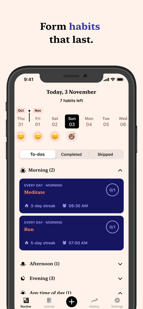 Tangerine app interface showing a daily habit tracker with morning routines like meditation and running