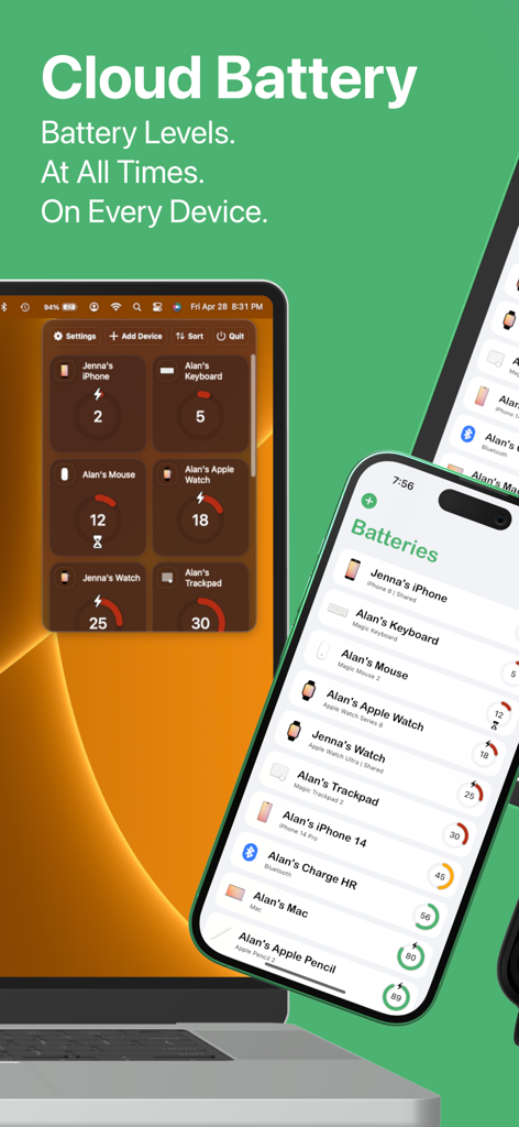 Cloud Battery - Cloud Battery app interface on iPhone and MacBook showing battery levels for various Apple devices