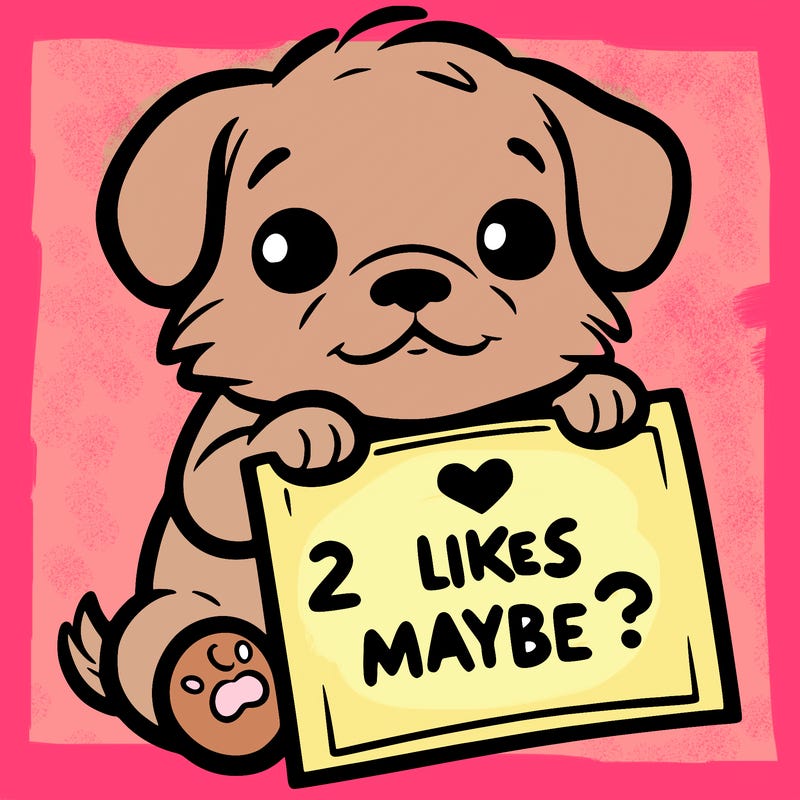a puppy holding a sign that says 2 likes maybe?