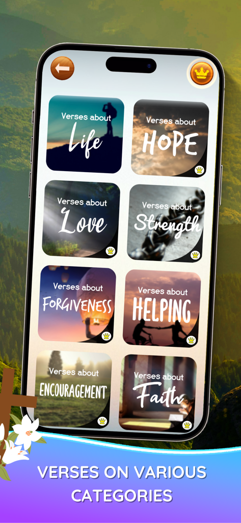 Bible Word Games: Puzzles App - Uma tela de smartphone exibindo várias categorias de versículos bíblicos como Vida, Esperança e Fé com fundos cênicos.