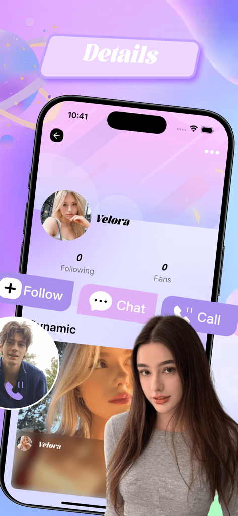 ShowVibe - Dance Partner - Profile screen of the ShowVibe app featuring an AI dance partner named Velora with chat and call options